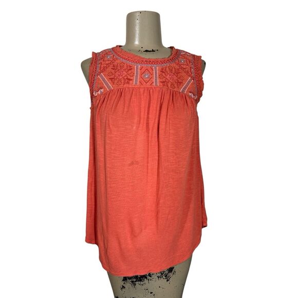 Knox Rose Boho Orange Embroidered Yoke Sleeveless Peasant Blouse Sz XS - Picture 1 of 6